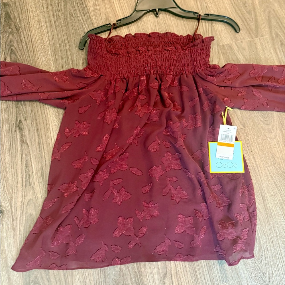 CeCe Rich Burgundy Floral Top - Picture 2 of 6
